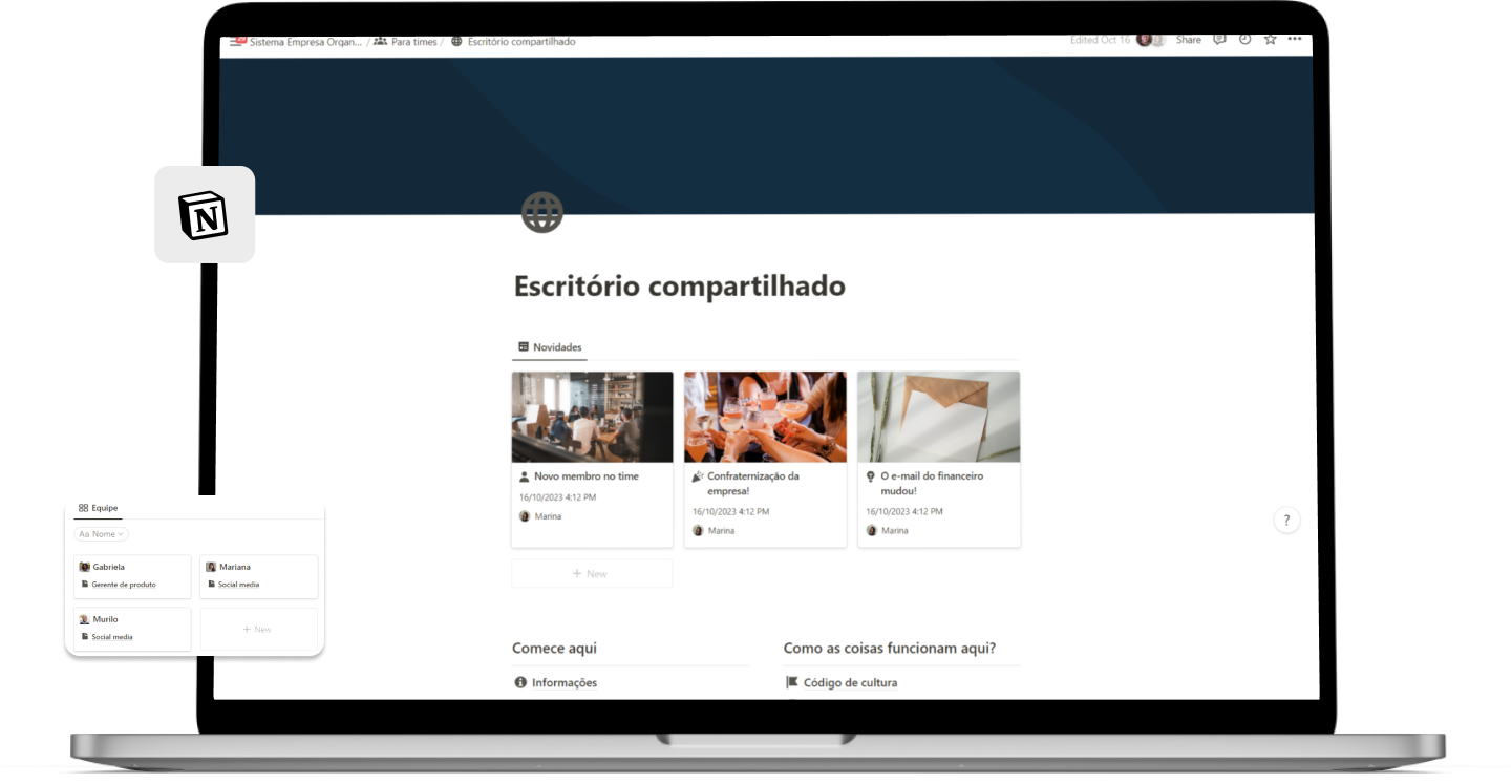 Mockup de um notebook com um template do 'Escritório compartilhado' aberto.