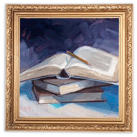 Quandro com um pintura de livros